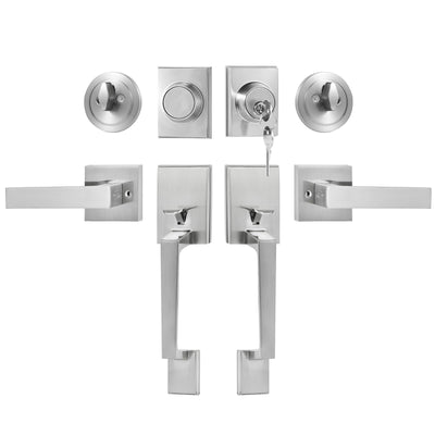 Double Door Handle Set, Double Door Lock Set with Reversible Handle Lever, Satin Nickel Square Door Lever, Heavy Duty