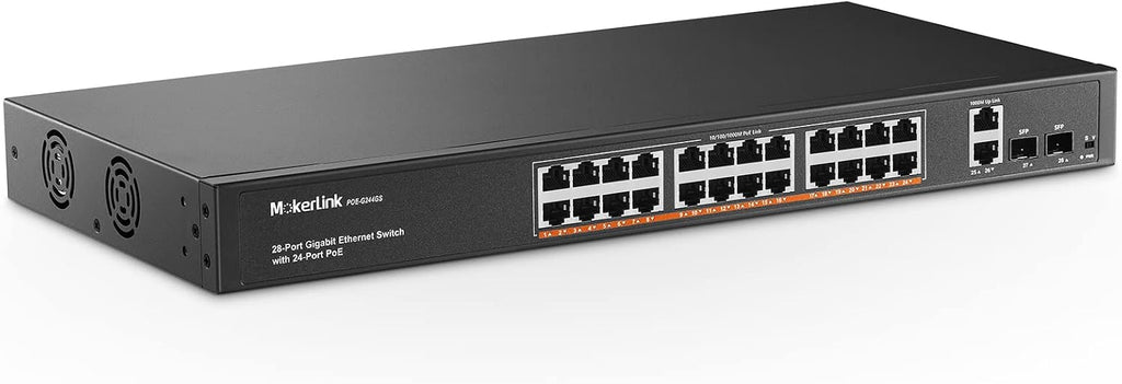 24 Port Gigabit PoE Switch, 2 Gigabit Ethernet Uplink, 2 Gigabit SFP, 400W IEEE802.3af/at, Rackmount Unmanaged Plug