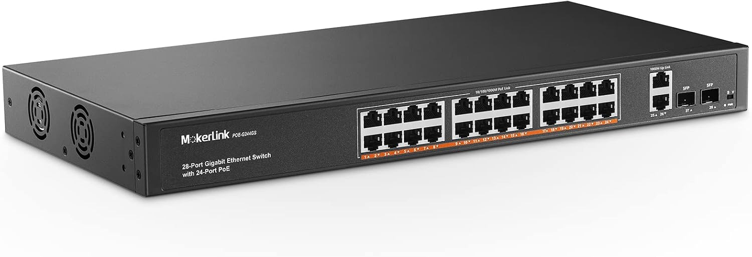 24 Port Gigabit PoE Switch, 2 Gigabit Ethernet Uplink, 2 Gigabit SFP, 400W IEEE802.3af/at, Rackmount Unmanaged Plug