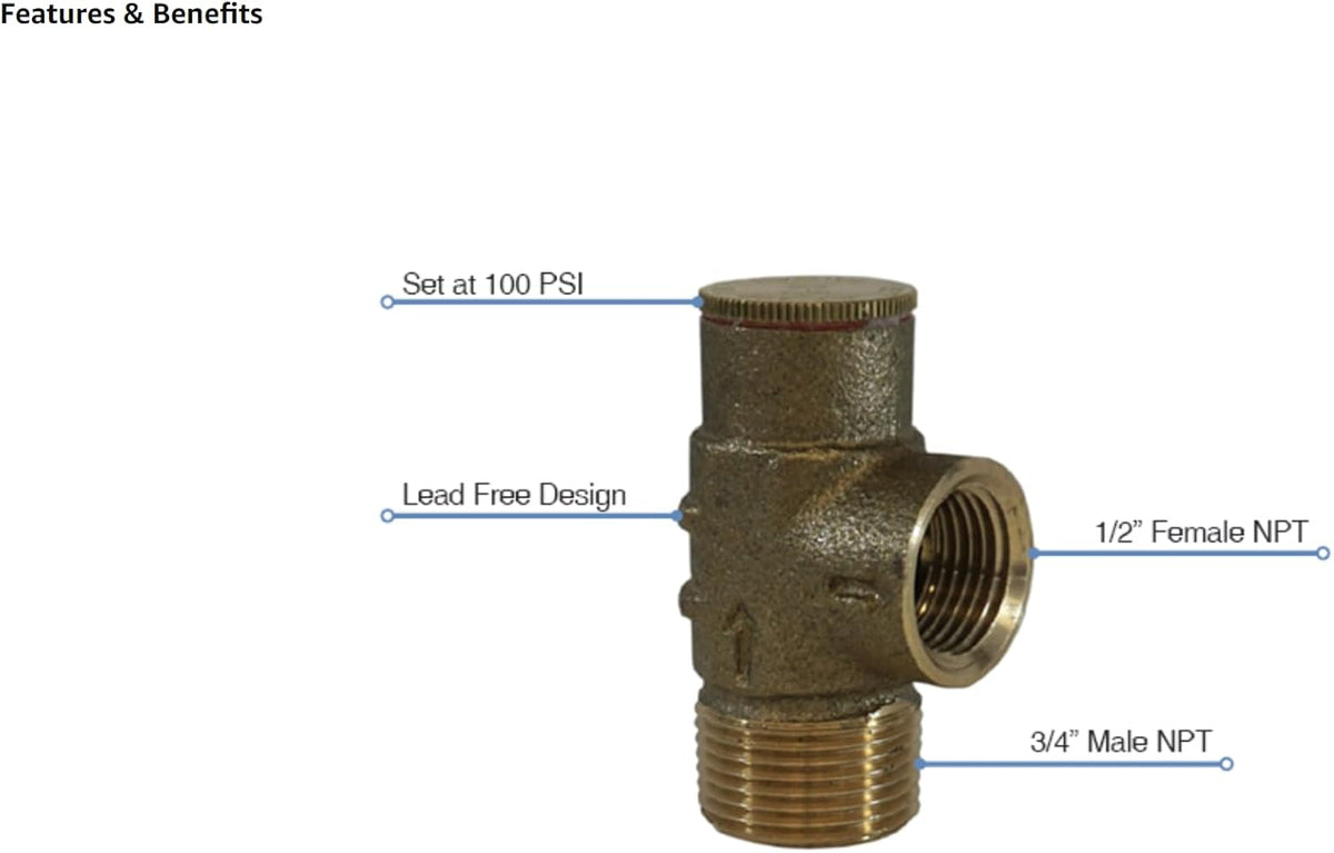 Merrill MFG PRVNL75100 3/4" Lead-Free Brass Pressure Relief Valve, 100 PSI Cold Water Safety Valve for Well Tank, Pump & Plumbing Systems, 3/4" NPT No-Lead Water System Protection Valve