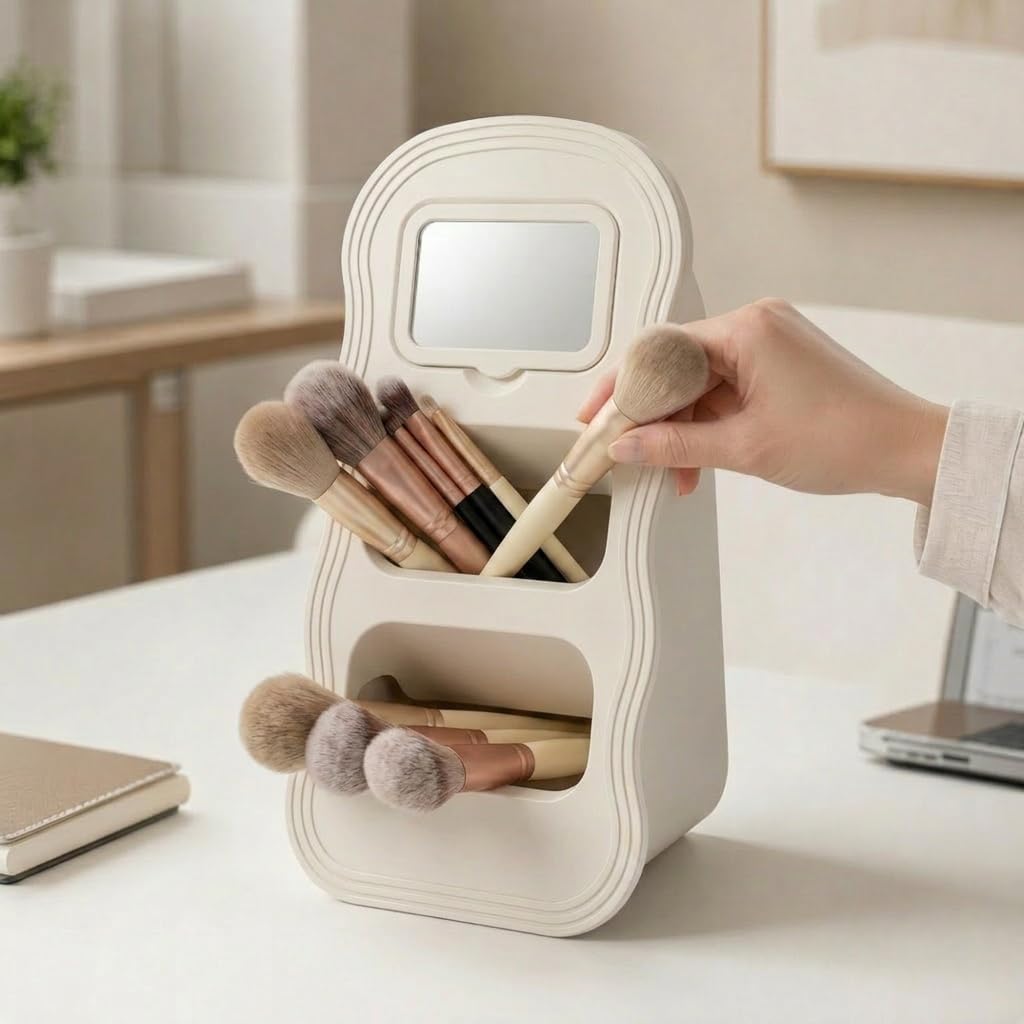 Makeup Brush Holder with Mirror, Wavy Vanity Cosmetic Organizer