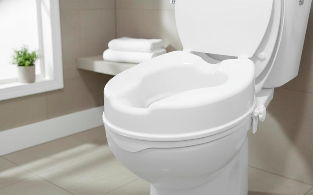 Raised Toilet Seat with Lid for Elderly 4" High, Fits Round and Elongated up to 15" Wide, Commode Seat with Sturdy