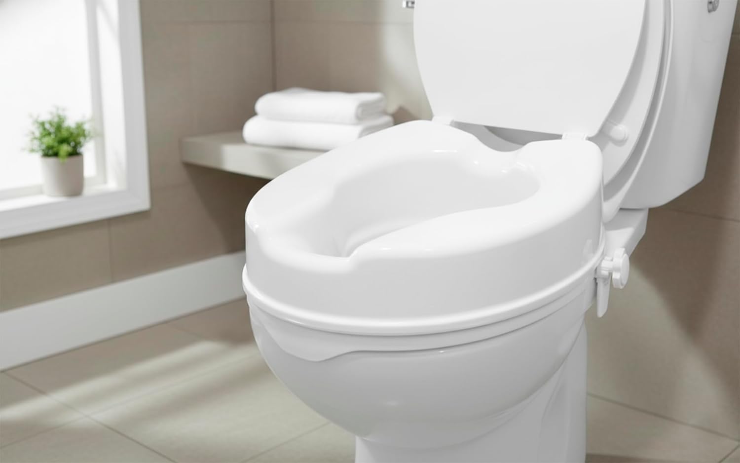 Raised Toilet Seat with Lid for Elderly 4" High, Fits Round and Elongated up to 15" Wide, Commode Seat with Sturdy