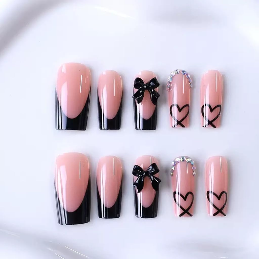 Press on Nails Square, Medium, Black French Tip Fake Nails
