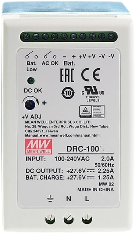 Mean Well DRC 100W Switching Power Supply DRC-100A Dual Output AC-DC DIN Rail UPS Power Supply Driver Converter Transformer for Security Systems Alarm Systems etc