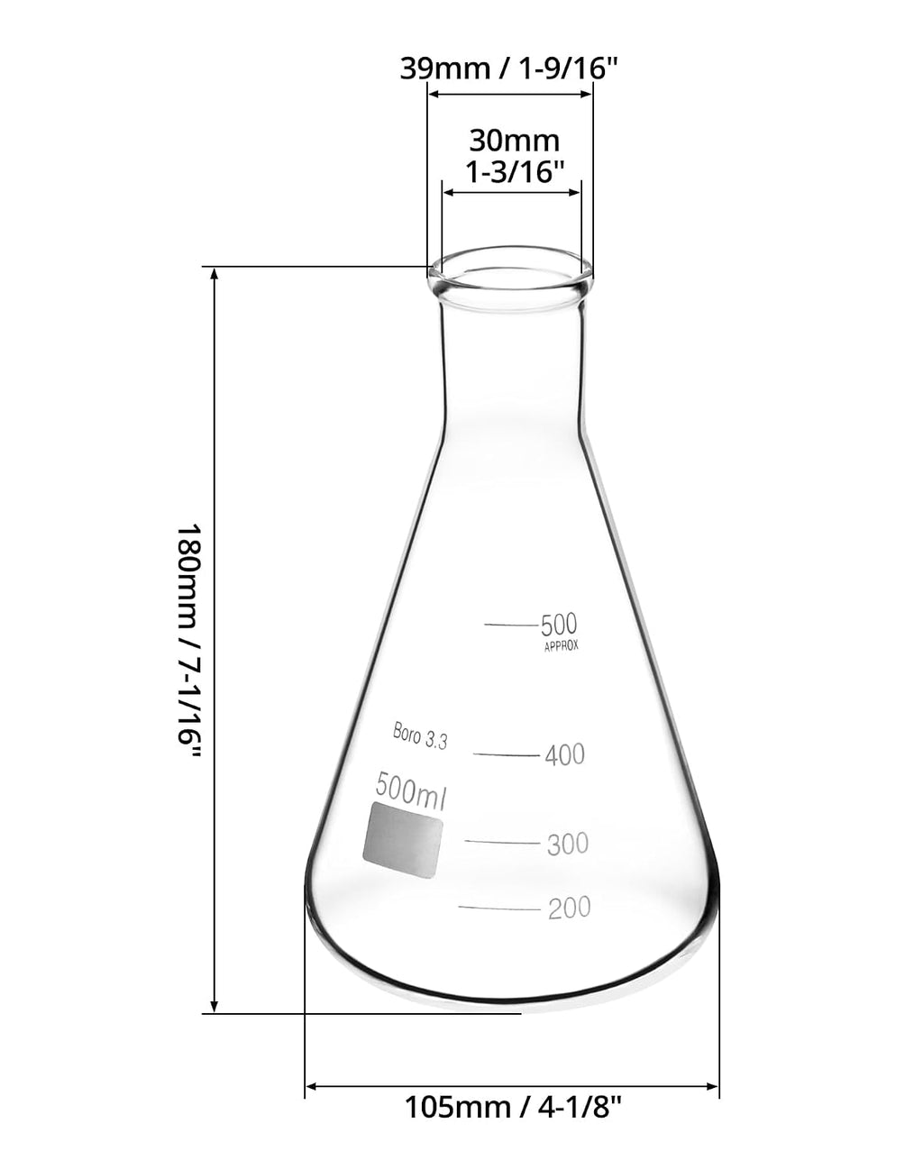 Erlenmeyer Flask Set, 2 Pcs 500ML Borosilicate Glass Conical Flasks with Narrow Mouth, Printed Scale