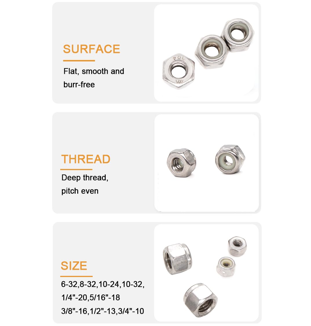 100pcs 10-24 Nylock Self Lock Nuts Nylon Inserted 304 Stainless Steel, #10-24 Locking Nuts, #10 Lock Hex Nuts for Furniture, Repairing Jobs