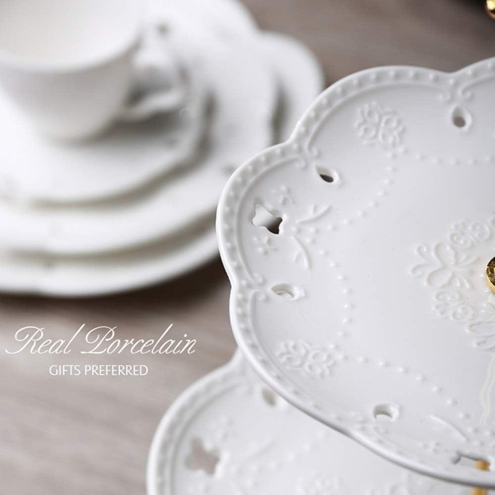 3-Tier Porcelain Cupcake Stand Serving Tray - White Embossed Elegant Dessert Cake Stand - Pastry Serving Stand for