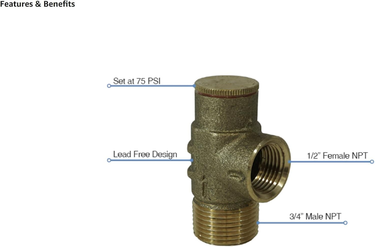 Merrill MFG PRVNL75 No Lead Brass Pressure Relief Valve 75 PSI, 3/4"