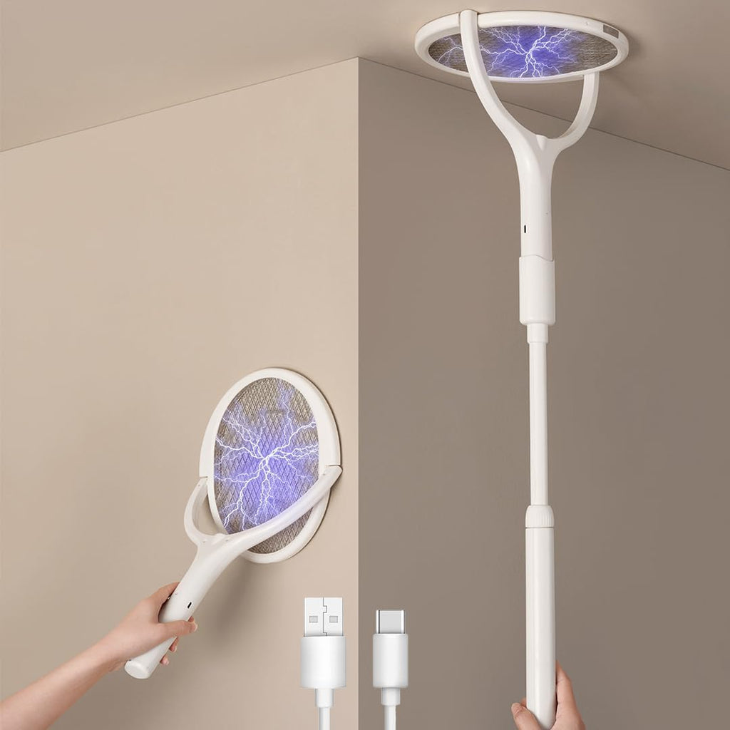 Electric Fly Swatter Electric Bug Zapper Racket Fly Zapper Racket | Telescopic Extension, Rotating Head USB-C