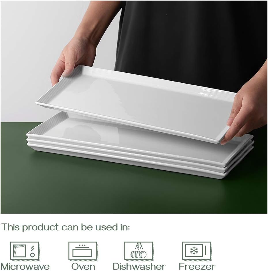 14.5" Rectangular Plates Set of 4 - Long Serving Trays for Sushi, Pasta, Chips, Appetizer, Cake - White Ceramic