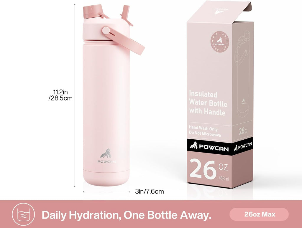 26 oz Insulated Water Bottle with 2-in-1 Straw and Spout Lid, Keep Cold 24H, Leak-Proof, Fits in Car Cup Holder