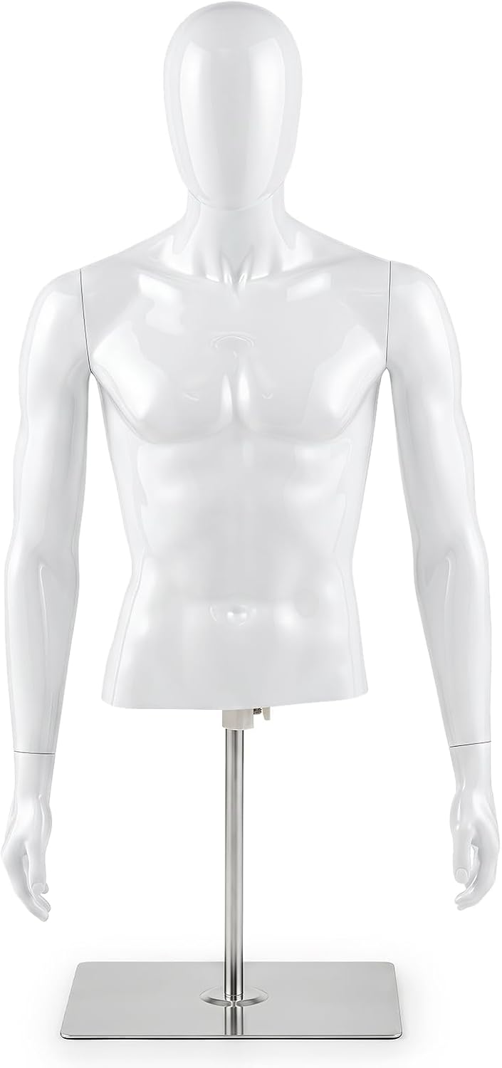 Half Body Male Mannequin Torso with Height Adjustable Metal Stand | Manikin Body with Rotating & Detachable Head