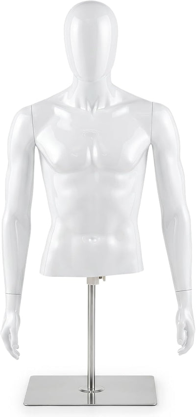 Half Body Male Mannequin Torso with Height Adjustable Metal Stand | Manikin Body with Rotating & Detachable Head