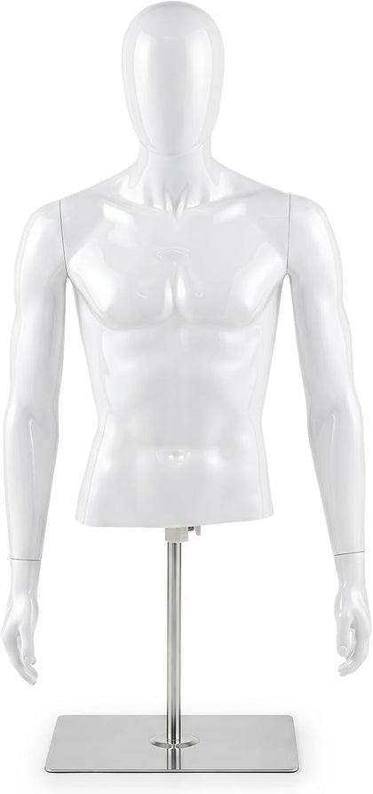 Half Body Male Mannequin Torso with Height Adjustable Metal Stand | Manikin Body with Rotating & Detachable Head