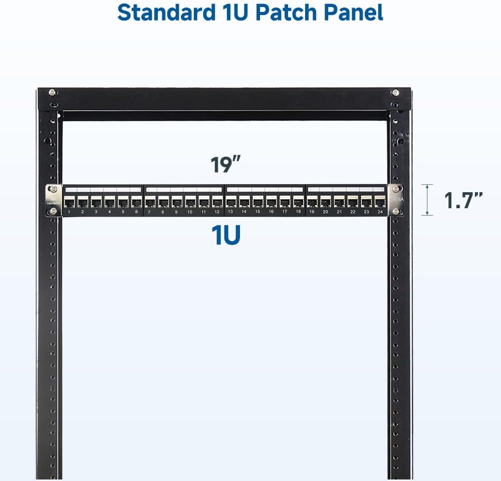 10Gbps 1U 24-Port Cat6A Ethernet Patch Panel | 19-Inch, Inline Keystone, Cable Management Bar, Rackmount or Wall