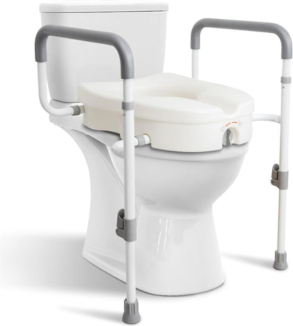 Raised Toilet Seat with Handles for Elderly - Toilet Seat Risers for Seniors with Adjustable Padded Arms - Elevated