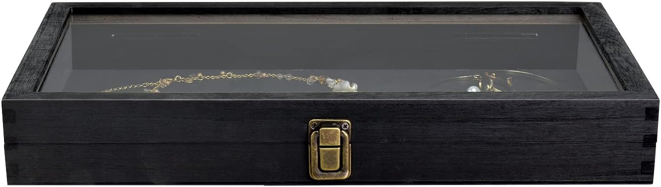 Wooden Jewelry Display Case with Tempered Glass Top, Dark Brown | Wood jewelry case with a tempered-glass lid and