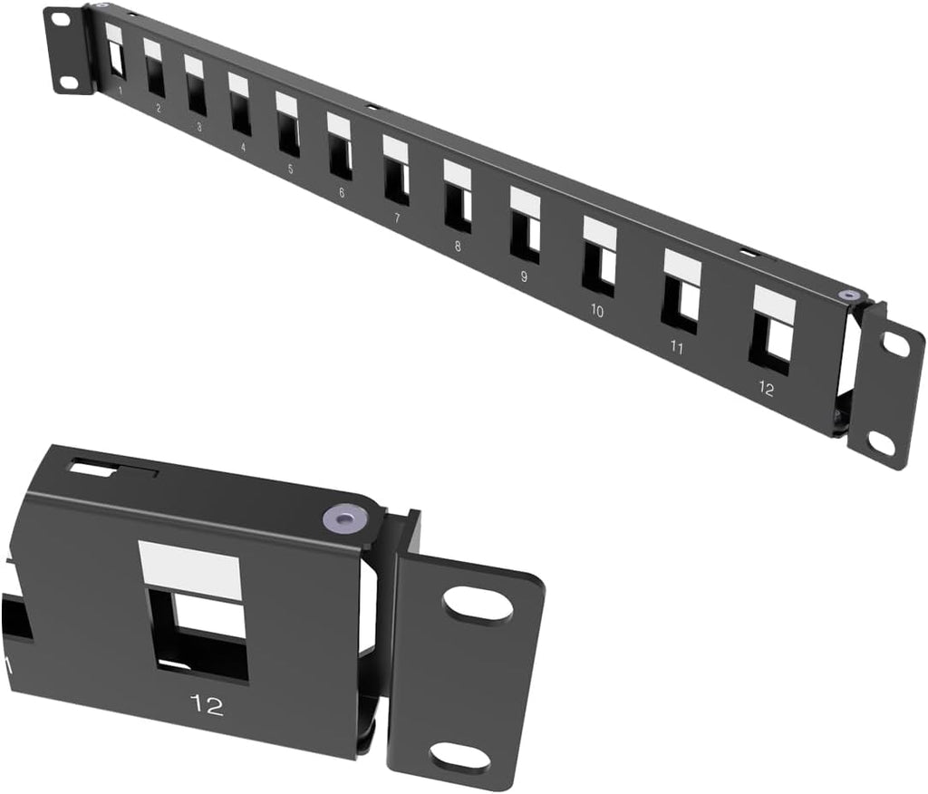 1U Hinged 12-Port Blank Keystone Patch Panel, 19" Metal