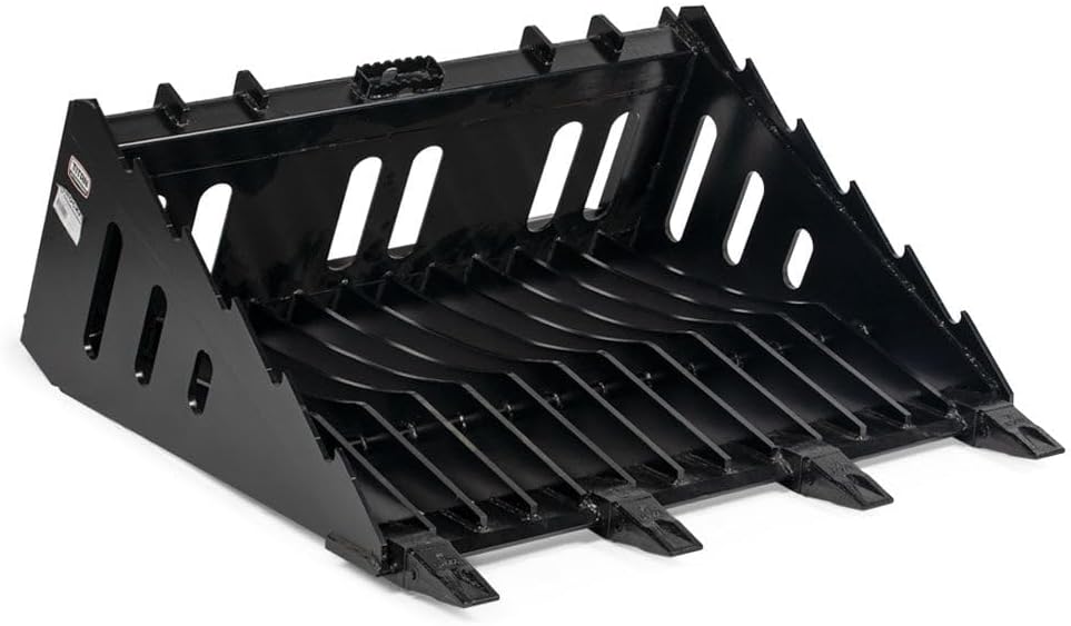 Fine-Grade Skeleton Rock Bucket with Bolt-On Teeth, Skid Steer Quick Tach Mounting System, 3" Spaced Tines