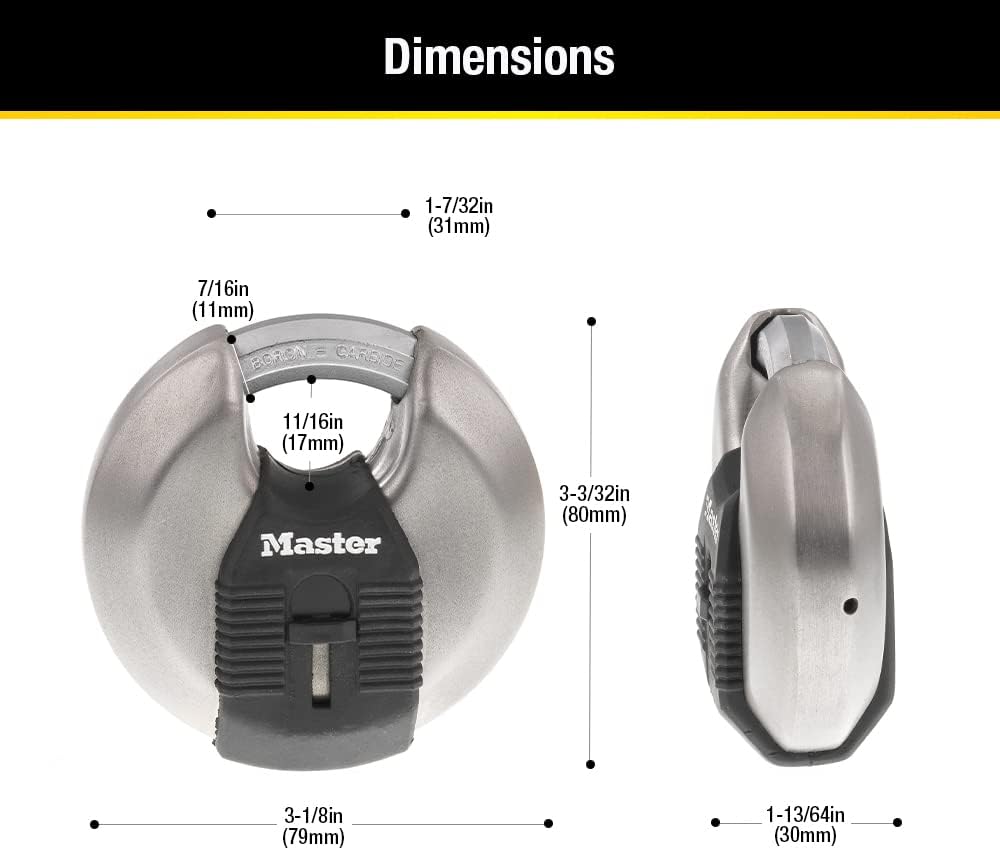 3-1/8" Wide Disc Padlock, Heavy-Duty Stainless Steel, M50XKA | Discus Lock For Storage Units, Sheds and