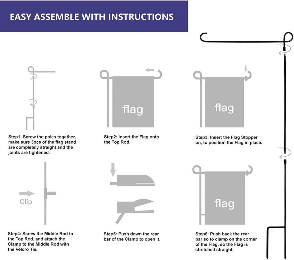Garden Flag Holder Stand, Premium Yard Flag Holder Weather-Proof Metal Powder-Coated Flagpole with Clip and Stopper