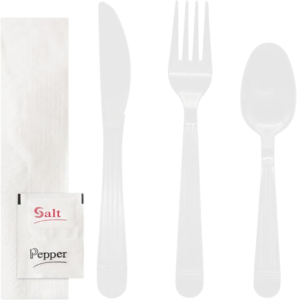 Individually Wrapped Plastic Cutlery Packets/Heavy Duty Silverware Kits, Fork/Spoon/Knife/Napkin/Salt/Pepper, 50