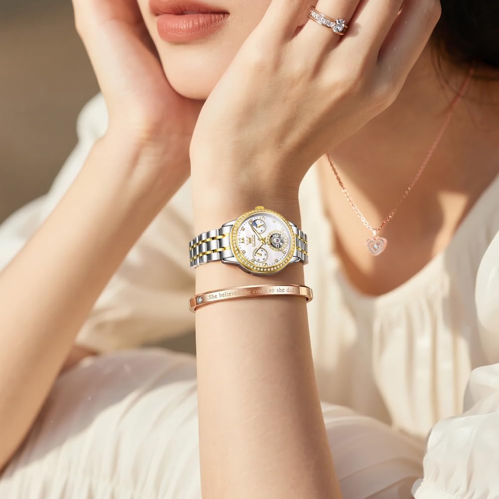 Womens Mechanical Watch Diamond Tourbillon Elegant Dress Stainless Steel Waterproof 30M Luminous Ladies Watches Set Gift