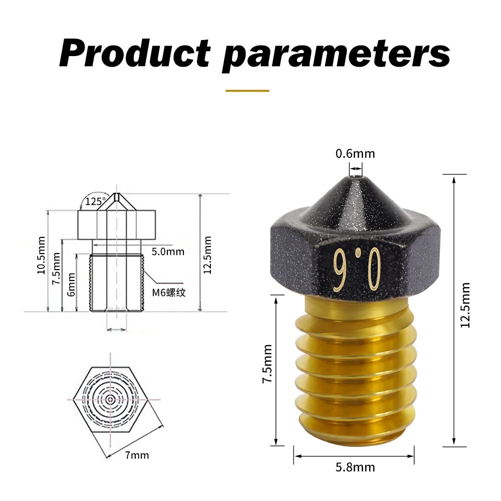 4-Pack Non Stick PTFE Coated m6 Nozzle 0.6mm Compatible with Anycubic Kobra Mega S X Chiron, Prusa i3 MK3S Prusa Mini