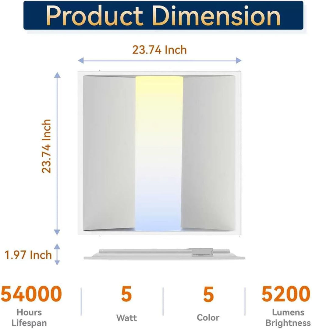 2x2 LED Troffer Light, 5 Wattages, 5CCT, 0-10V Dimmable, 24 Pack