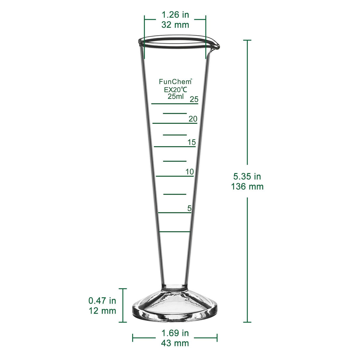Conical Graduated Cylinder 25ml, Borosilicate Glass with Clear Scale & Wide Mouth for Accurate Laboratory Measuring