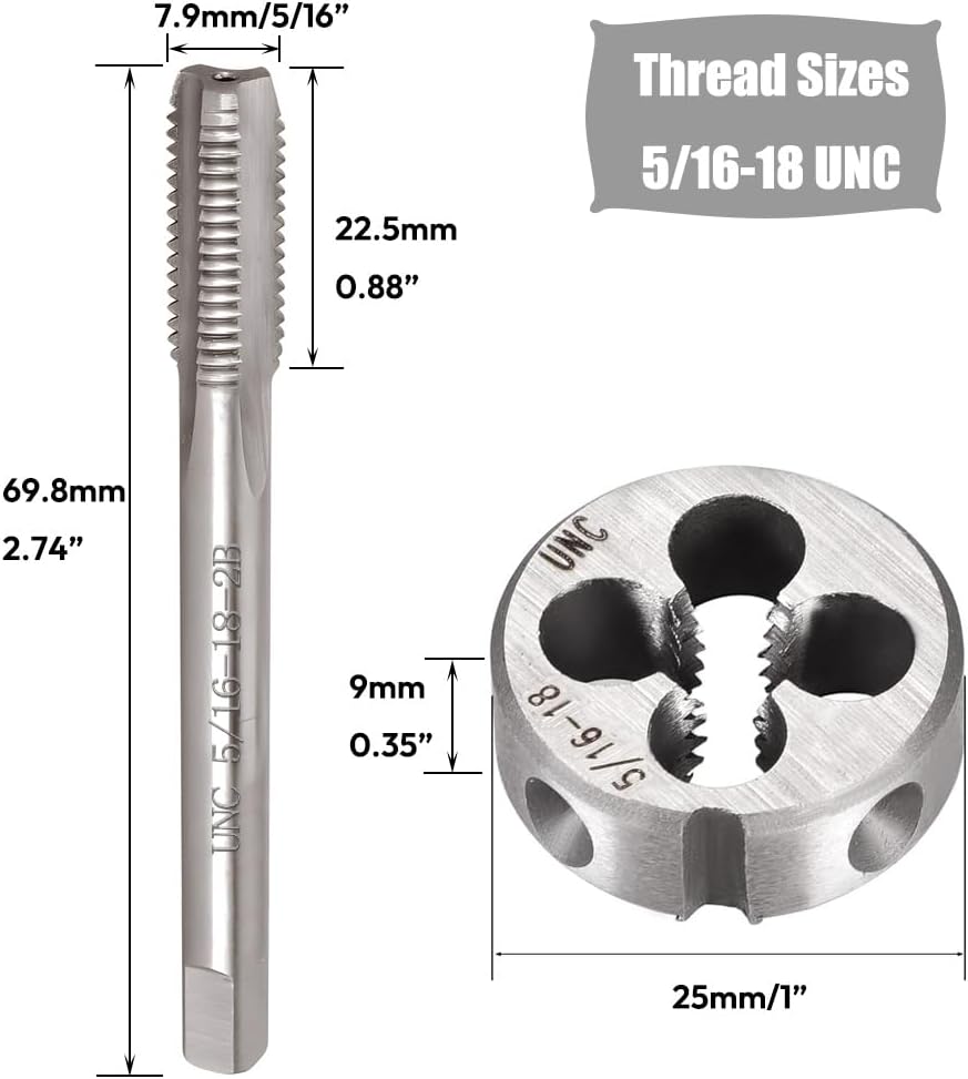 2pcs 5/16"-18 UNC Tap and Die Set, Threading Tap Die Set