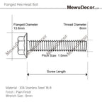 M6-1.0 x 45mm Flanged Hex Head Bolts Flange Hexagon Screws, Stainless Steel 18-8 (304), Plain Finish, 20 PCS