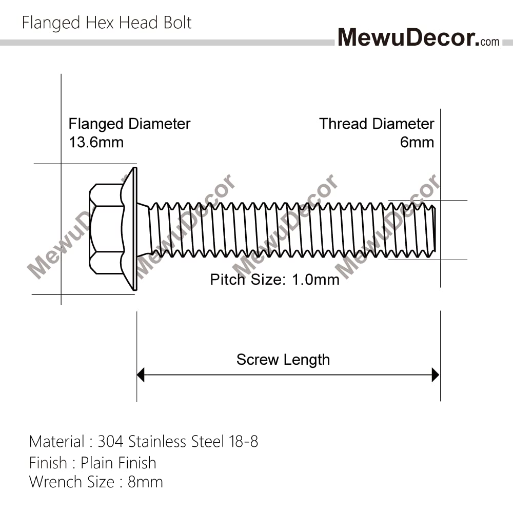 M6-1.0 x 16mm Flanged Hex Head Bolts Flange Hexagon Screws, Stainless Steel 18-8 (304), Plain Finish, 25 PCS