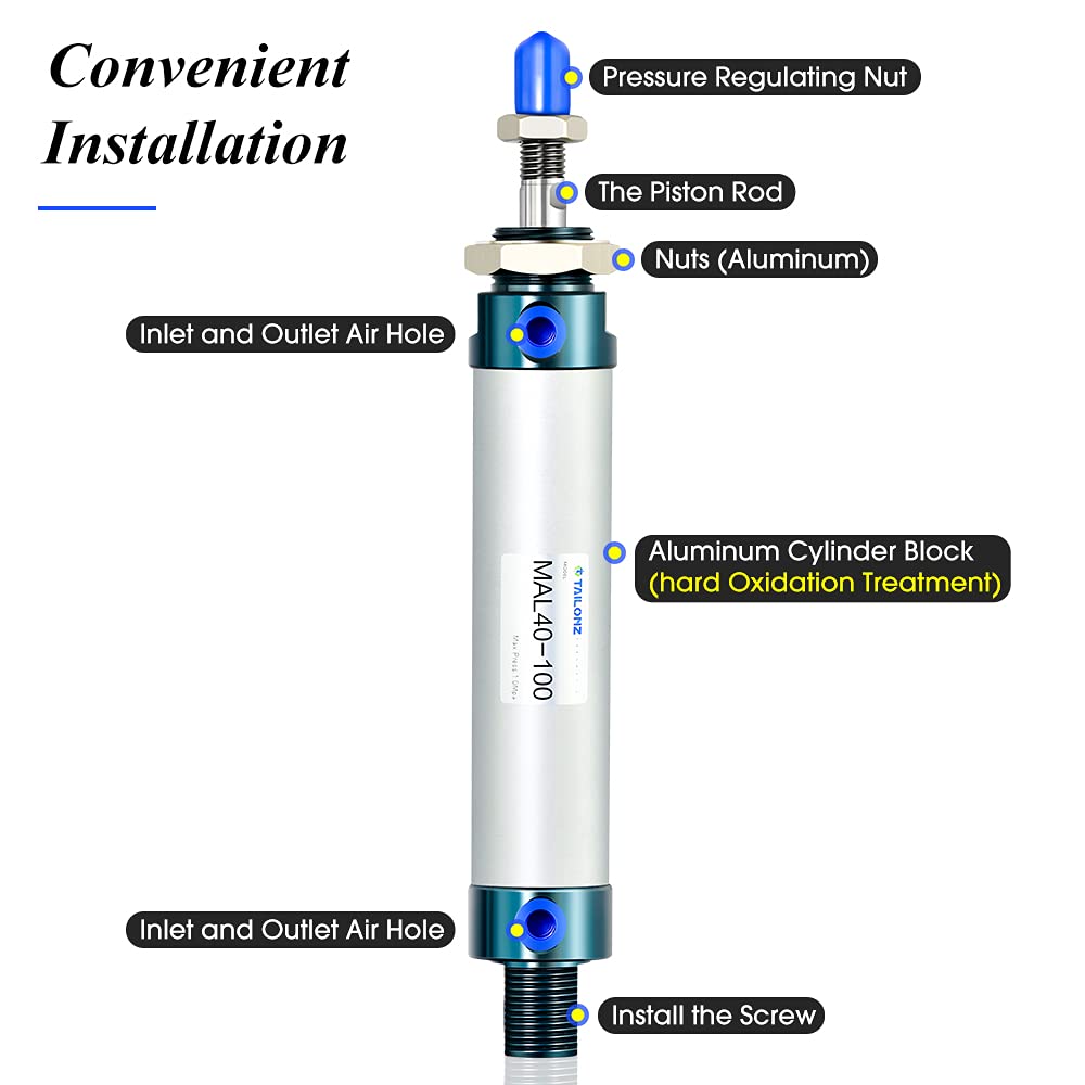TAILONZ PNEUMATIC 40mm Bore 100mm Stroke Air Cylinder Double Action with Y Connector and 2Pcs 8mm Fitting MAL40x100
