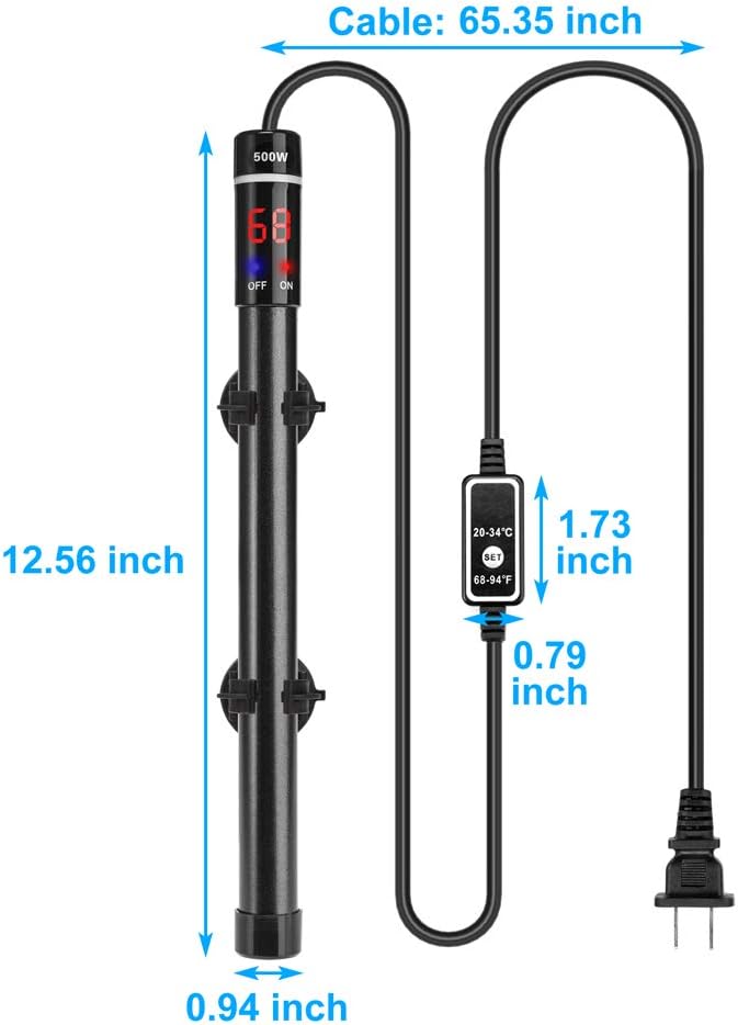500W Aquarium Heater Submersible 500 Watt Titanium Fish Tank Heater with External Temperature Controller for 60