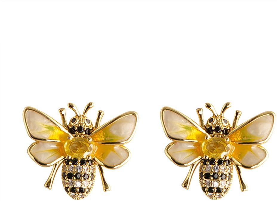Dainty Honeybee Stud Earrings Sterling Silver Post Studs Cubic Zriconia Rhinestone Bee Insects Animal Cartilage