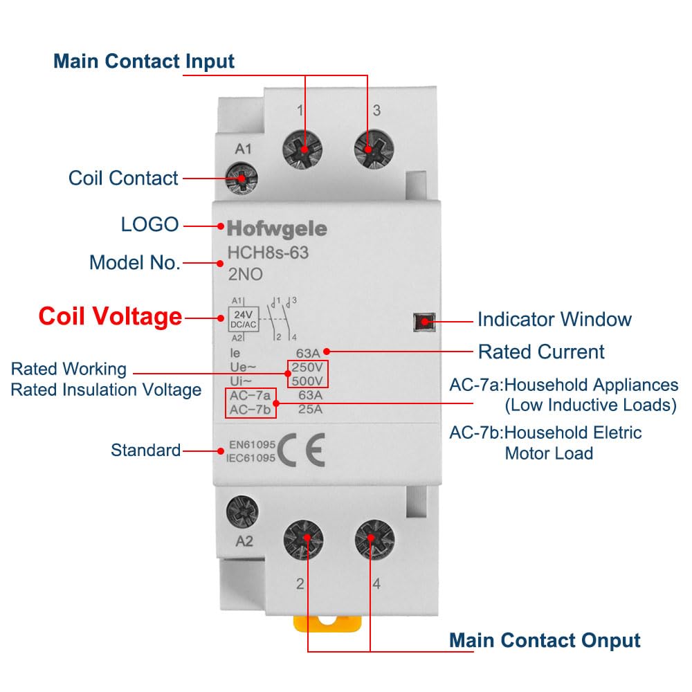 Hofwgele HCH8s-63 DC Contactor 24V Coil 63A 2NO 2 Pole Universal Circuit Control Automatic Modular Contactor Household Circuit Control Din Rail Mount 2Pole 24V DC Coil contactor