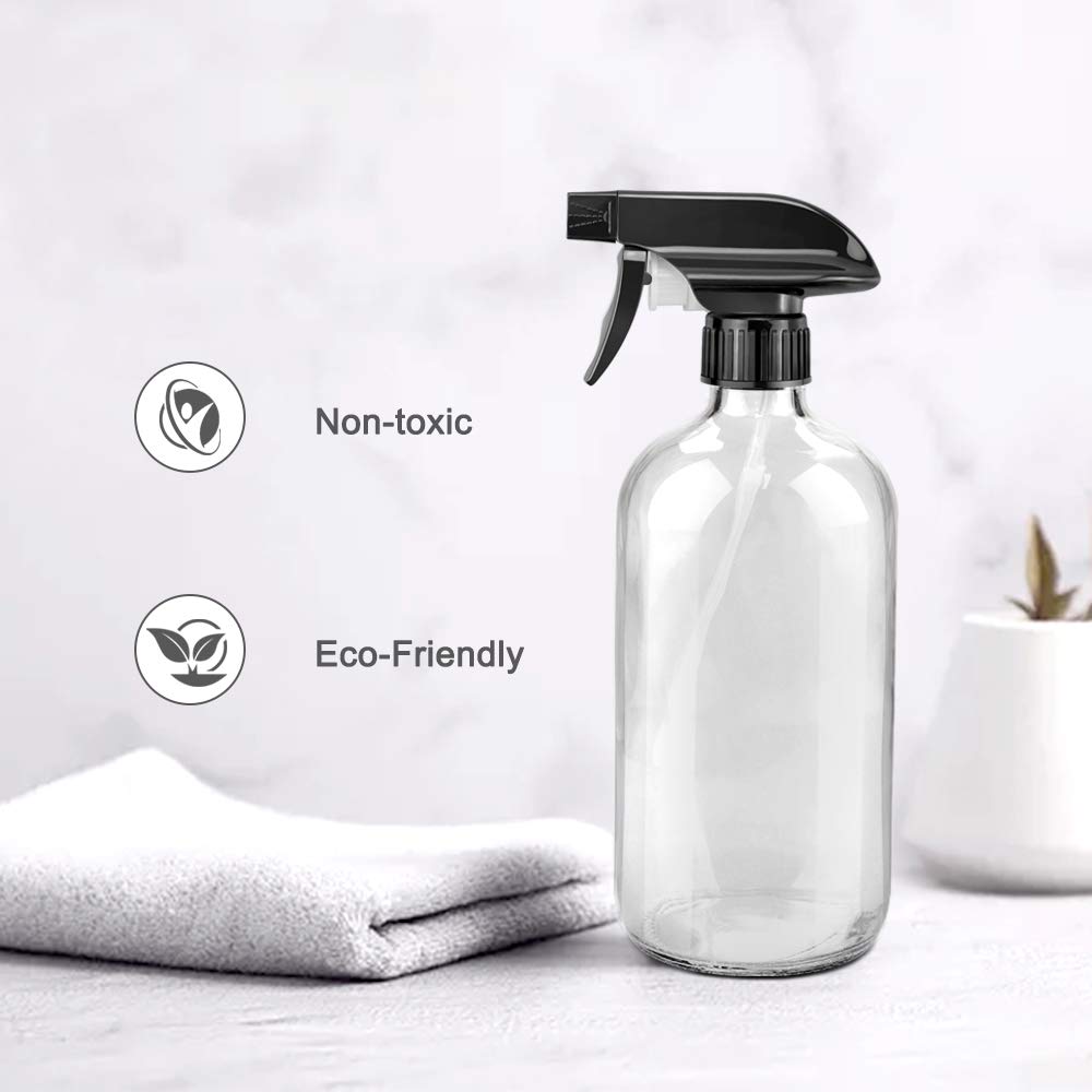 Glass Spray Bottles, 16oz Refillable Containers, Empty Boston Round Bottles with Labels & Adjustable Nozzle for