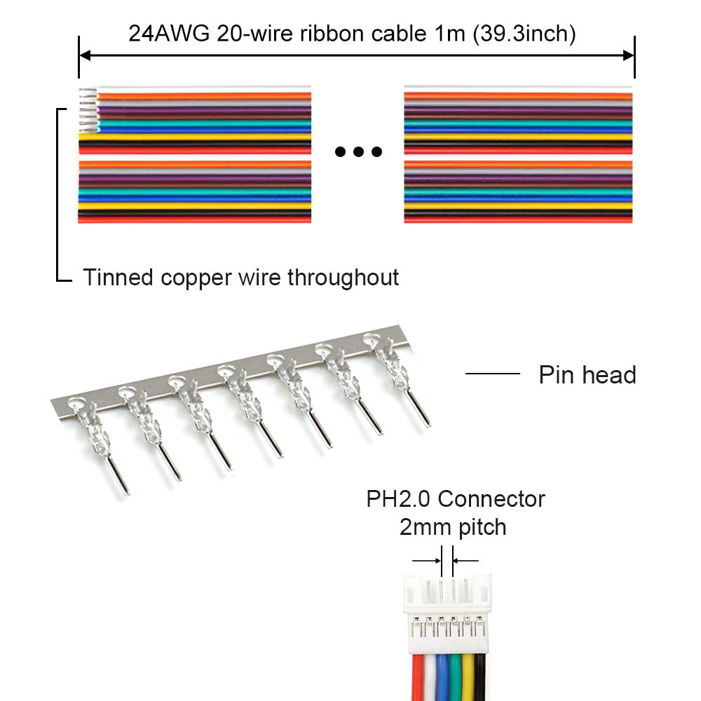 JST PH 2.0 Connectors Pin Header and Ribbon Cable Wire Kit 2.0mm Pitch JST PH - 2/3/4/5/6/7/8 Male Pin Female Housing