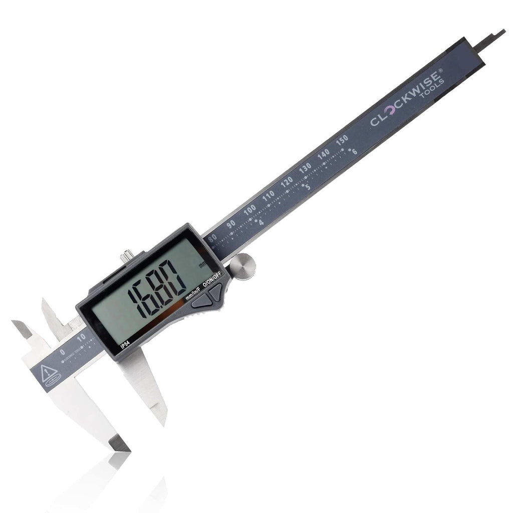 Clockwise Tools IP54 Grade Digital Caliper, DCLR-0605 0-6" /150mm, Inch/Metric/Fractions Conversion, Stainless Steel, Large LCD Screen