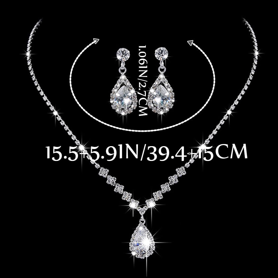 Silver Rhinestone Jewelry Set Wedding Necklace Earrings for Women