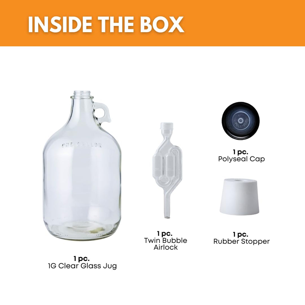 1 Gallon Glass Jug with Airlock, Black Polyseal Cap and #6.5 Rubber Bung | Clear Fermentation Jug for beer, wine