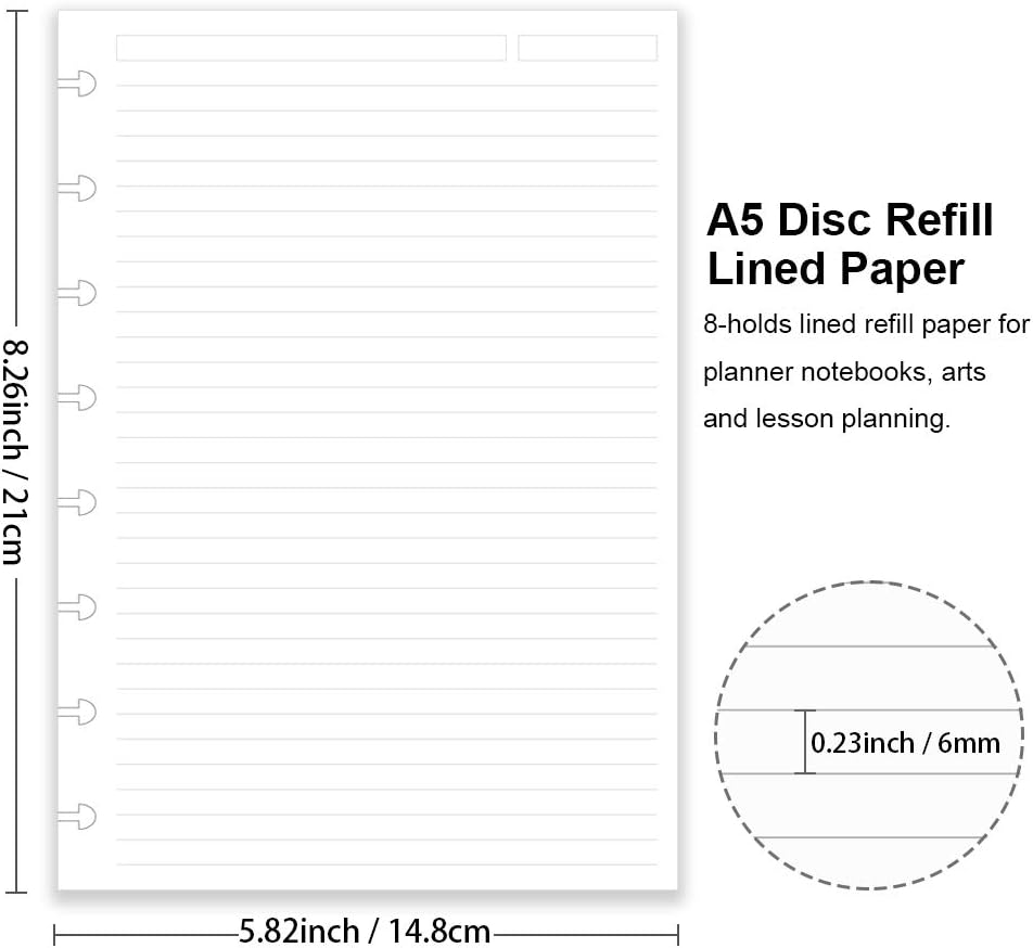 Junior Size Discbound Refill Paper - 8 Discs Discbound Paper, Lined Arc Paper Refill, 100gsm, Disc Paper Refill White