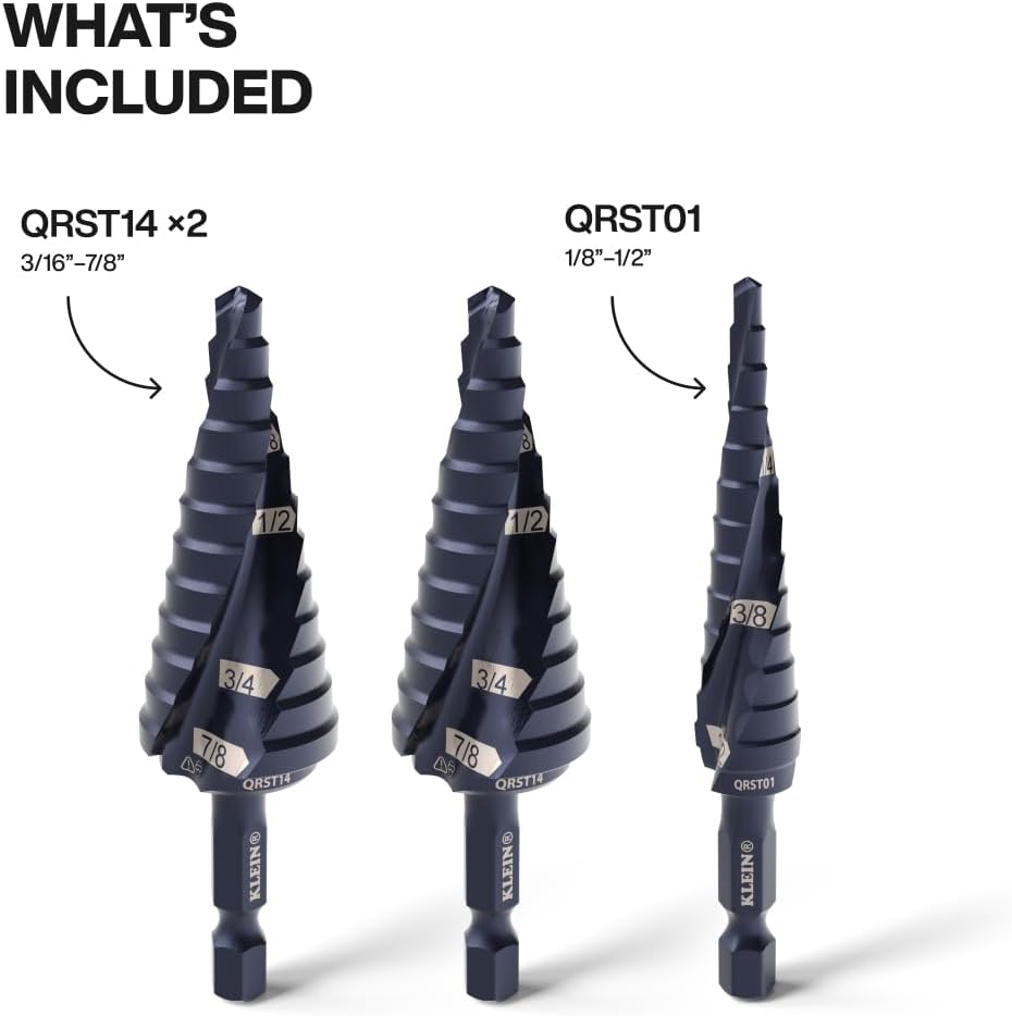 Klein Tools QRST2S Quick-Release Step Bit Set, 3-Piece, Durable Aluminum Titanium Coating, Impact-Rated Hex Shank