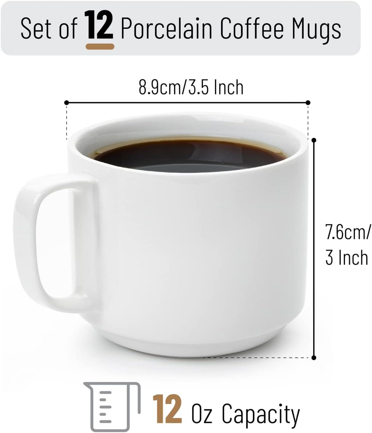 BTaT- Porcelain Stackable Coffee Mugs, 12 Pack, 12 oz, White