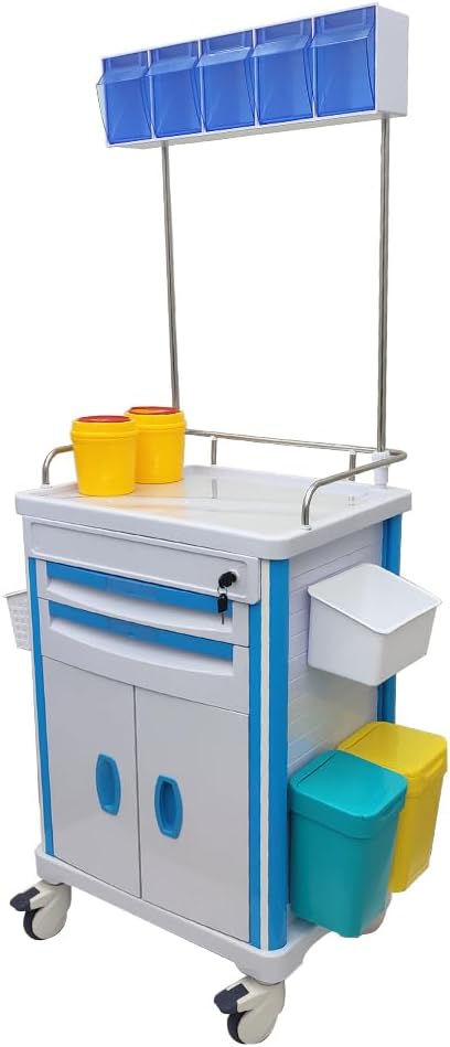Mobile Emergency Crash Cart Anesthesia Cart with Lock, 2 Drawers, 2 Trash Bins, Concealed Workstation & PEG Board for