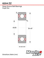 MAPLE ACE 6204-ZZ Ball Bearing 20x47x14mm 6204 ZZ Metal Shielded (Qty 20)