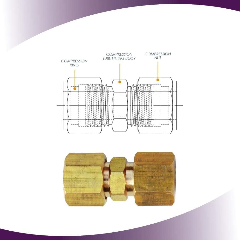 Ice Maker Water Line Brass Compression Tube Fitting, Union, 3/8” OD x 3/8” OD, 2 Pack