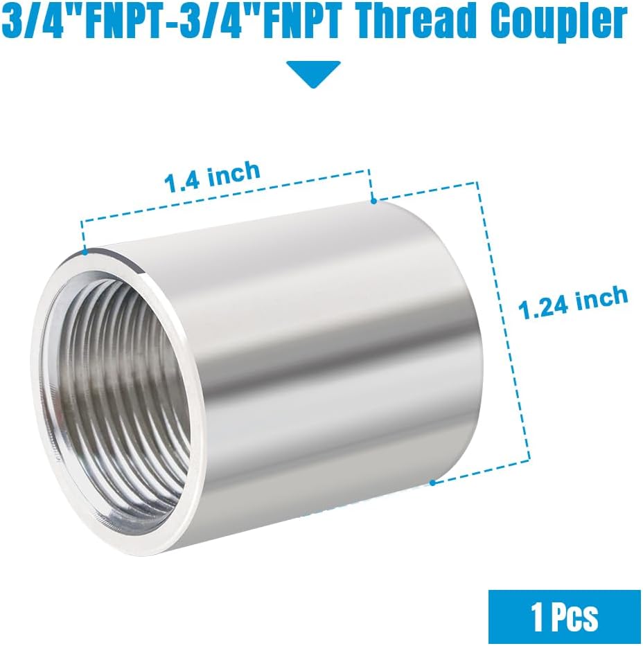 Quickun 304 Stainless Steel Pipe Coupling Fitting, 3/4" x 3/4" Female Pipe Coupler Connector Adapter Fitting (1.4" Length)